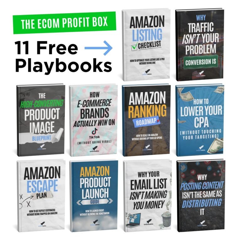 Ecommerce profit box with 11 free Amazon playbooks including listing optimization, ranking strategy, product launch guide and conversion optimization