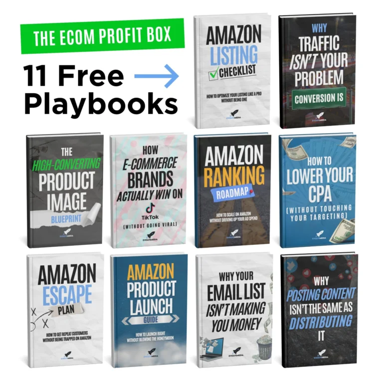 Ecommerce profit box with 11 free Amazon playbooks including listing optimization, ranking strategy, product launch guide and conversion optimization