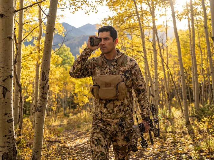 Hunter in camo among golden aspens, outdoor gear lifestyle photography